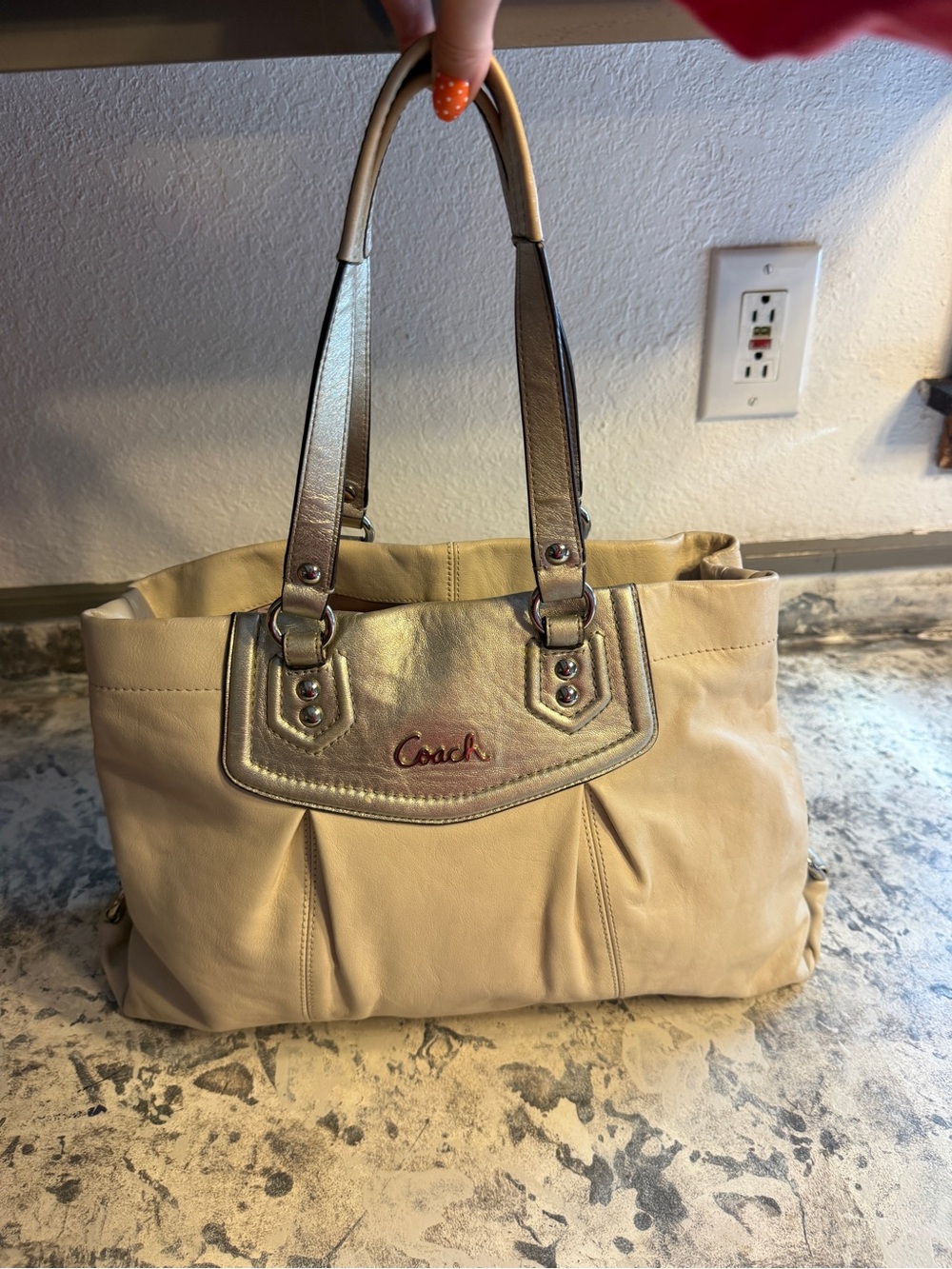 Coach Beige Leather Shoulder Bag with Metallic Trim